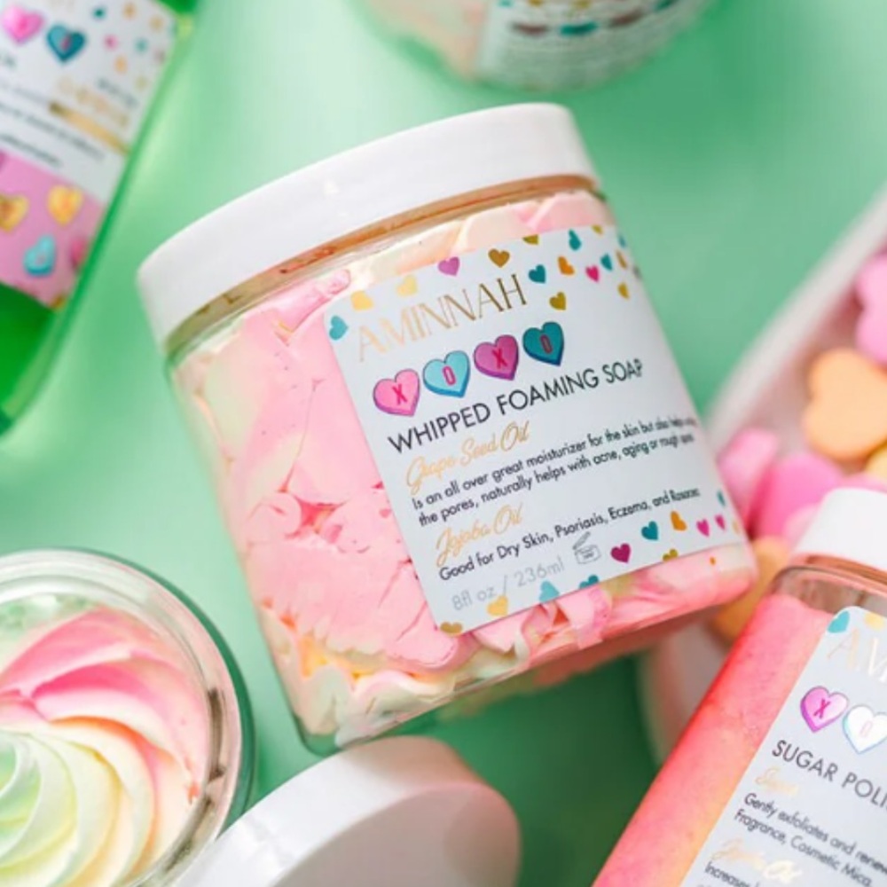 NEW AMINNAH Skincare “XOXO” Sweet Candy Scented Whipped Foaming Soap 8 OZ jar